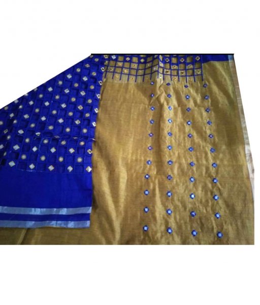 Blue &amp; Cream Cotton Silk Cut Work Saree